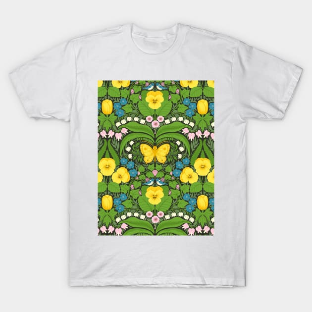 Dollhouse garden, Yellow pansies, birds and butterflies T-Shirt by katerinamk